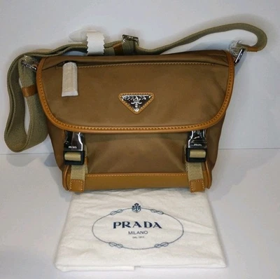 PRADA Re-Nylon & Calfskin Leather Trimmed Shoulder Sling Bag Buckskin Colors  - Image 1 of 4