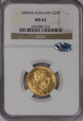 HUNGARY , FRANZ JOSEPH I GOLD 8 FORINT  20 FRANCS 1889 KB - NGC MS 62 , RARE2 - Image 1 of 2