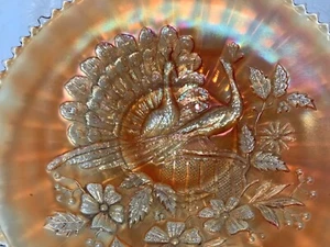 CARNIVAL GLASS IRIDESCENT BRIGHT ORANGE ELEGANT PEACOCKS ON A FENCE VINTAGE BOWL - Picture 1 of 6