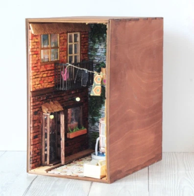 Book nook street with light door window miniature diorama room box. Shelf insert - Image 1 of 4