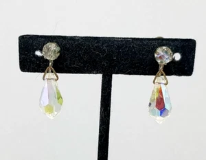 Faceted Crystal Pendant Screw-on Earrings, Vintage Aurora Borealis - Picture 1 of 5