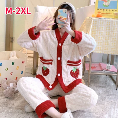 Women Flannel Coral Fleece Pajama Set Sleepwear Nightwear Sherpa Cable Knit Foto 1 de 4