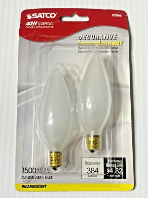 2 Satco S3786 40 W Torpedo Frost Bulbs Candelabra Base - Image 1 of 2