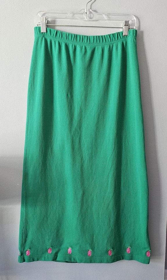 QUACKER FACTORY Cotton Knit Maxi Skirt Womens Size M Kelly Green Pink Pineapples - Image 1 of 4