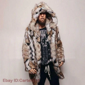 Mens Winter Faux Fox Fur Jacket Hooded Warm Mid-long Length Coat Party Outwear - Picture 1 of 11