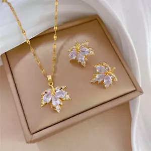 Woman Necklace Earrings Set CZ Pendant 18K Gold Plated Stainless Steel Chain New - Picture 1 of 6