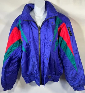 vtg Descente purple / blue color block insulated ski jacket stowaway hood Mens L - Picture 1 of 21