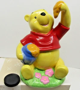 Winnie the Pooh Coin Bank Disney Enesco Ceramic Red Shirt Hunny Pot Flowers 7 in - Picture 1 of 9