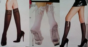 Music Legs Ankle High Knee Hi Lace Up Button Stocking Lace Black White Socks - Picture 1 of 14