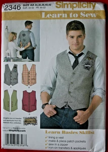 2010 Simplicity Learn to Sew Pattern 2346 Men's Vest Sz 34-42 Uncut Ships FREE - Picture 1 of 2