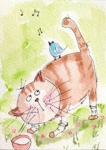 NEW! ACEO Watercolor Painting big CAT Funny Original Art card signed - Picture 1 of 5