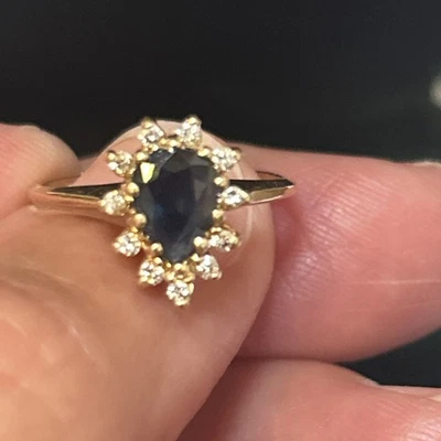 14k Gold Natural .98ct Blue Sapphire Diamond Pear Halo Ring Size 4.25 Appraised - Image 1 of 4