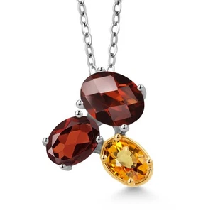 925 Silver and 10K Yellow Gold Garnet and Yellow Sapphire Pendant Necklace For - Picture 1 of 4