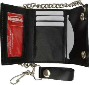 BLACK GENUINE LEATHER Trifold Biker's Wallet ID Card Holder w/Chain Black - Picture 1 of 9