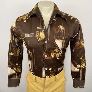 Vtg 60s 70s Da Vinci Shirt Delfino Disco Hippy Floral Polyester Ugly Mens Medium - Picture 1 of 12