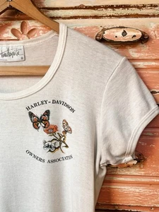 Vintage 70s 80s Harley Davidson White Butterfly Cropped “Baby Tee” Womens S/M - Picture 1 of 9