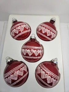 Vintage Shiny Brite Red Stenciled Heart Christmas Ornaments Set of 5 Blown Glass - Picture 1 of 11