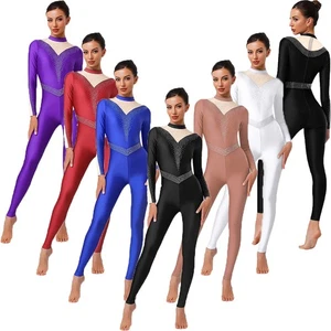 Women Costume Zipper Leotard Mock Neck Bodysuit Sports Jumpsuit Gymnastics Club - Picture 1 of 86