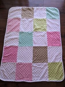 Just Born Baby Blanket Patchwork Squares Pink/Green/Tan/Aqua Minky Dot 