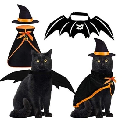 3PCS Halloween Pet Cat Costume Bat Wings Witch Cloak Wizard Hat Kittens Cosplay - Image 1 of 4