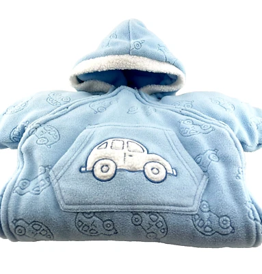 Baby Snowsuit 3-6m Boy Footed Bunting Blue Cars Hood Fleece Miniwear Warm Lined - Image 1 of 4