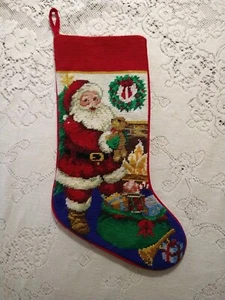 Needlepoint Wool Christmas Holiday Stocking Santa Toys Fireplace Red Velvet Back - Picture 1 of 6