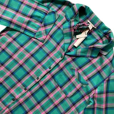 Victoria’s Secret Sleepwear Pajama Shirt L Green Pink Plaid Flannel Button NWT - Image 1 of 4