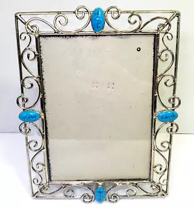Faux Turquoise Medallions Picture Frame Textured Glass Metal Scroll 5x7" Picture - Picture 1 of 11