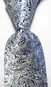 New Classic Paisley White Dark Blue JACQUARD WOVEN 100% Silk Men's Tie Necktie - Picture 1 of 2
