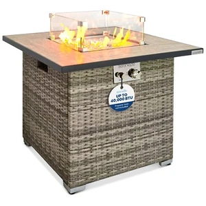 SereneLife Outdoor Gas Fire Pit Table w/ Tile Tabletop & Clear Glass Rocks - Picture 1 of 7