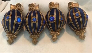 4 Vtg Blue Velvet And Jewel Xmas Tree Ornaments Gold Trim - Picture 1 of 3
