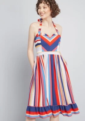 Vestido Halter ModCloth Frecuentemente Picante Rayas Talla XL Bolsillos Fiesta Femenino Foto 1 de 4