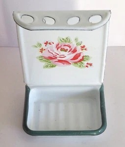 Rare Vintage Cath Kidston soap Dish/Toothbrush Holder Wall Mounted Rose Enamel - Picture 1 of 7