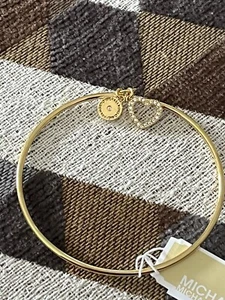 NWT MICHAEL KORS Gold Toned Heart Crystal 2 Charm Bangle Bracelet - Picture 1 of 7