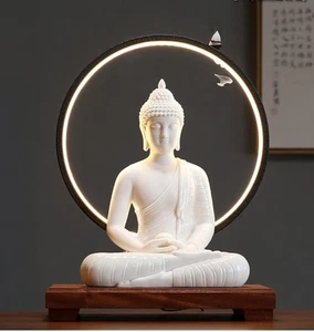 Indoor Outdoor Decor 12 Inch Ceramic Buddha Statues Home Small Decoration White - Picture 1 of 5