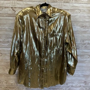 Vintage Lillie Rubin Womens 10 Shirt Metallic Gold Disco Long Sleeve Button Up - Picture 1 of 11