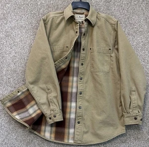 LL Bean Shirt Jacket Mens Small Beige Canvas Flannel Lined Long Sleeve Snap Up - Picture 1 of 12