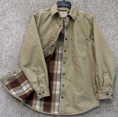 LL Bean Shirt Jacket Mens Small Beige Canvas Flannel Lined Long Sleeve Snap Up - Image 1 of 4