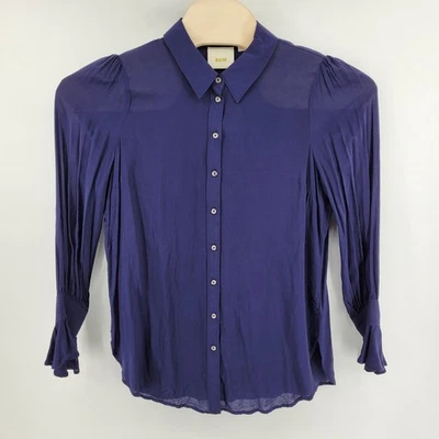 Maeve Sheer Blouse Women's Size 10 Navy Blue Rayon Long Sleeve Button Down Shirt - Image 1 of 4