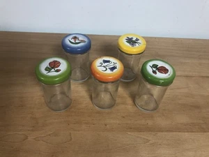 5 Vintage 1970er Kugel Mini Glas Gelee Gewürz Basteln Glas Blumen Deckel 3" Hickory Farm - Bild 1 von 7