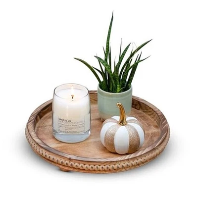 Bandeja redonda de madera para decoración de mesa de centro de mesa, roble rústico con cuentas Foto 1 de 4
