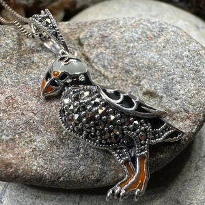 Puffin Necklace Marcasite Scottish Nature Gift Ladies Bird Pendant W/FREE CHAIN - Picture 1 of 9