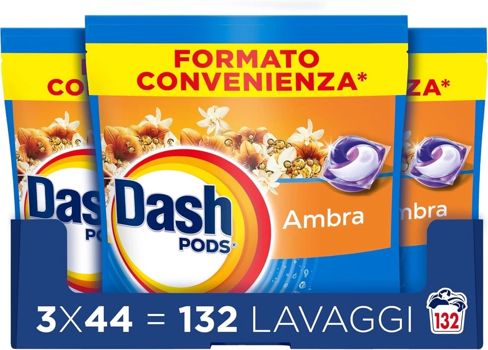 Dash Pods Ambra 132 Lavaggi 3x44 Capsule Detersivo Lavatrice Pulizia Profonda - Immagine 1 di 4