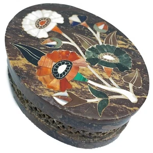 VTG Trinket Box Oval  with Lid Rectangle Fretwork Rose Mother of Pearl Inlaid - Picture 1 of 8