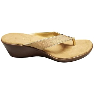 Aerosoles Wide Eyes Sandals Womens Size 10 Tan Gold Beaded Wedge Heel Slip On - Picture 1 of 18