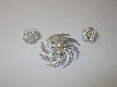 Vintage Silver Tone Faux Pearl Sarah Coventry Swirl Brooch Pin Clip Earring Set  - Image 1 of 4
