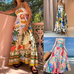 Damen Maxi Kleid Farm Floral Print Ärmellose Schaukelkleid Anthro Rio Sommer Neu - Bild 1 von 15