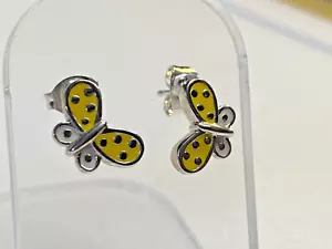 Sterling Silver 925 Earrings Butterflies Yellow Enamel Children 2.37g - Picture 1 of 6