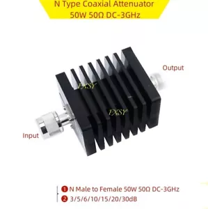N Male Female Coaxial Attenuator 50W 50Ω DC-3GHz 3dB/5dB/6dB/10dB/15dB/20dB/30dB - Picture 1 of 12