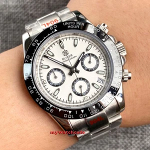 40mm Bliger Sterile White Dial Ceramic Bezel Full Chronograph Quartz Mens Watch - Picture 1 of 9